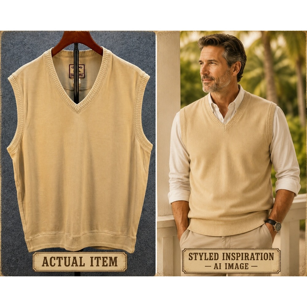 Tommy Bahama Sweater Vest Mens Silk Cotton V-Neck Beige Medium Excellent Coastal